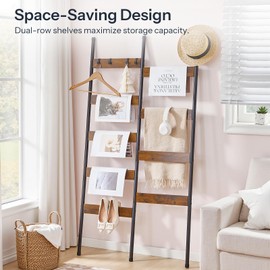 HOOBRO Blanket Ladder, 9-Tier Wall-Leaning Towel Rack, Double Row Blanket Rack, Metal Frame, Industrial Style, Anti-Tip Design, Blanket Holder for Living Room, Balcony, Rustic Brown and Black BF17CJ01