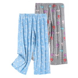 ENJOYNIGHT Women's Capri Pajama Pants Cotton Lounge Bottoms Print Sleep Pants with Drawstring (Medium,Cat+Moon)