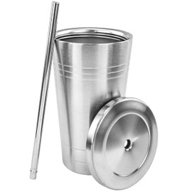 Stainless Steel Double-Walled Insulated Tumbler with Straw and Spill-Resistant Screw Top Lid, 20oz – Durable Travel Cup