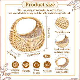 4 Pack Small Flower Girl Basket Rattan Half Moon Wicker Basket Small Wicker Woven Baskets with Handle & Waterproof Lining for Wedding Flower Girl, Picnic, Garden Storage and Home Decor