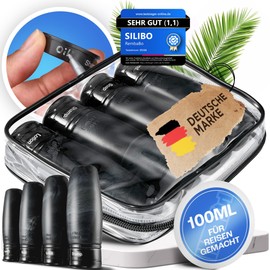 Silibo Travel Bottles for Filling (4 x 100 ml), Hand Luggage, Travel Essentials, Leak-Proof, BPA-Free, Labelling Ring, Travel Gadget, Travel Set, Travel Accessories (Black)