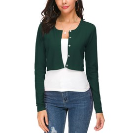 EXCHIC Women's Elegant Long Sleeve Bolero Cardigan with Buttons Round Neck Festive Knitted Shrug Short Cardigan for Dresses, dark green