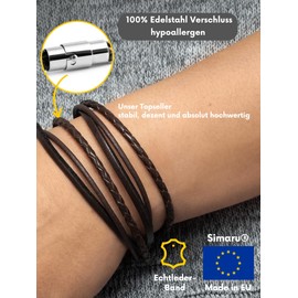 Simaru Genuine Leather Bracelet with Stainless Steel Magnetic Clasp, Unisex Leather Bracelet Made in EU, Wrap Bracelet for Men and Women, Skin-Friendly, Leather