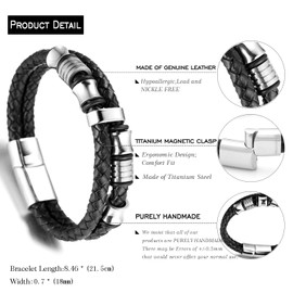 HALUKAKAH ● Solo ● Men's Genuine Leather Bracelet with Titanium Beads Silver Titanium Clasp with Magnets 8.46"(21.5cm) with FREE Giftbox
