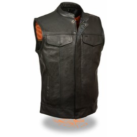 Milwaukee SOA Men's Naked Cowhide Leather Vest Zipper & Snap Front w/ 2 Inside Gun Pockets & Single Panel Back (Medium)