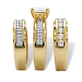 PalmBeach Yellow Gold-Plated or Silvertone Princess Cut and Round Cubic Zirconia 3 Piece Bridal Ring Set Size 8