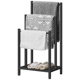 HOOBRO Free Standing Towel Rack for Bathroom, 3 Tier Blanket Rack, Blanket Holder, 16.9" L x 11" W x 31.9" H, Industrial Metal Drying and Display Rack with Shelf, Black#springtok - Color: Black