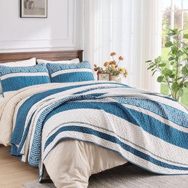 DJY Quilt Set Queen Size Blue Striped Boho Bedspread Coverlet Set, 3 Pieces Striped Patchwork Bedding Set Soft Microfiber Lightweight Bed Cover for All Season(Blue, 96''x90'')