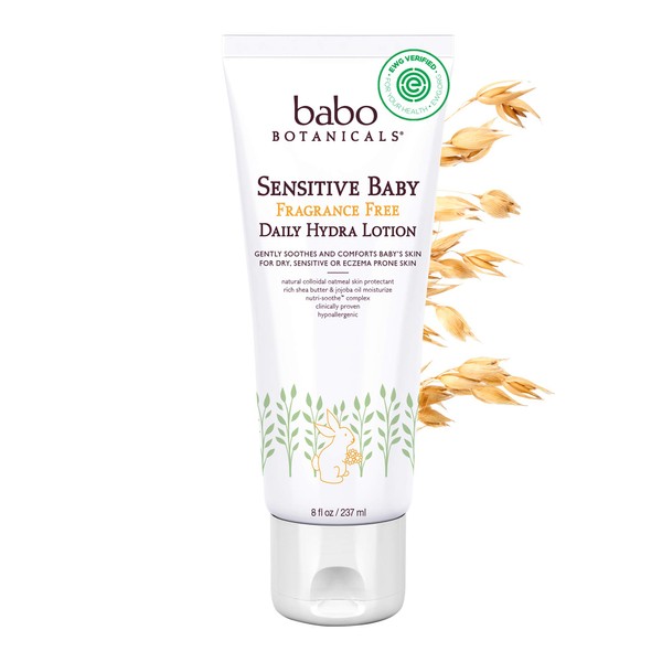 Babo Botanicals Sensitive Baby Fragrance-Free Daily Hydra Lotion - with Colloidal Oatmeal, Shea Butter & Jojoba Oil - EWG Verified, Vegan & Hypoallergenic - 8 fl. oz
