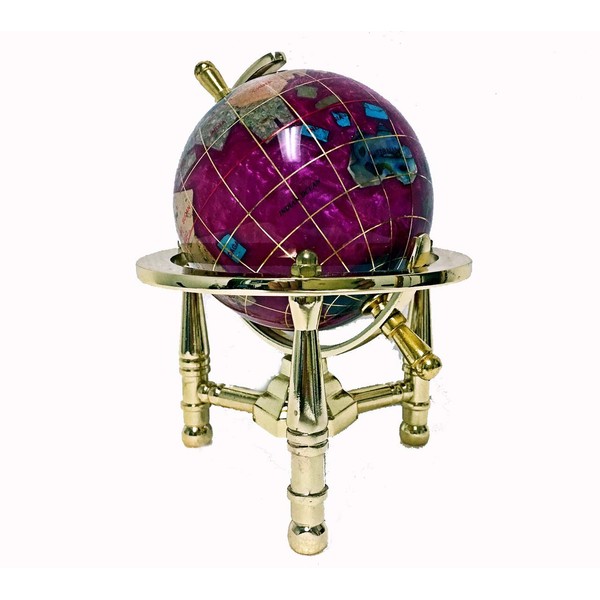 Unique Art 6" Tall Pink Pearl Swirll Tripod Gold Leg Table Stand World Map Gemstone Globe