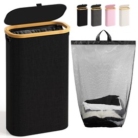 Bathola 75L Slim Laundry Hamper with Lid, Dirty Clothes Hampers for Laundry, Collapsible Laundry Baskets for Small Spaces, Bedroom, Bathroom, Laundry Room, Black