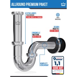 FEINER® Premium Universal Siphon for Sink Brass, Drain Pipe, Immersion Pipe, 2-12 cm Height Adjustable, Sink Drain Fitting 1 1/4 Inch Chrome, Free Seal Set, Mounting Video