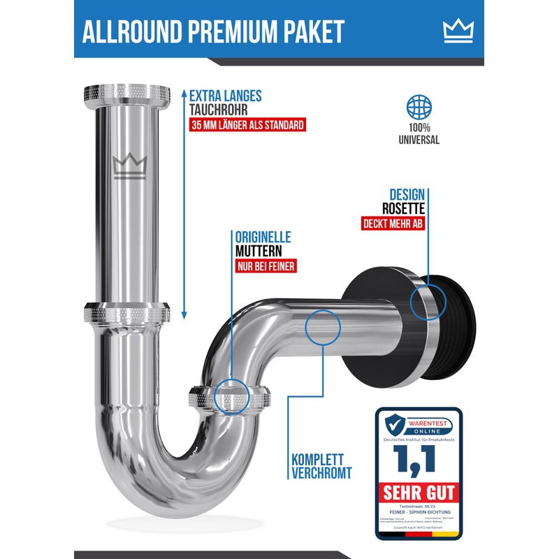 FEINER® Premium Universal Siphon for Sink Brass, Drain Pipe, Immersion