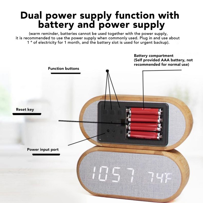 Wooden Alarm Clock Digital Voice Control LED Glowing USB Plug