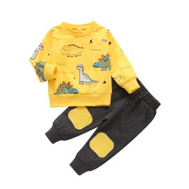 Infant Baby Boys Cute 2PCS Pants Sets Long Sleeve Dinosaur Print Round Neck Sweatshirt and Elastic Waist Ribbed Pants Tracksuit (Yellow, 18-24 Months)