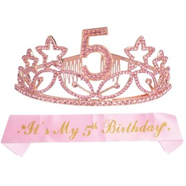 5th Birthday Sash and Tiara for Girls - Fabulous Glitter Sash + Stars Rhinestone Pink Premium Metal Tiara for Girls, 5th Birthday Gifts for Princess Party