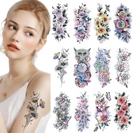 ANUIVOT 12 Pcs Large Stylish Tattoo Stickers Flower Butterfly Owl Clock Birds for Women Colorful Realistic Body Seal Fancy Dress Props Costume Party Props Waterproof Long Lasting Easy to Stick on