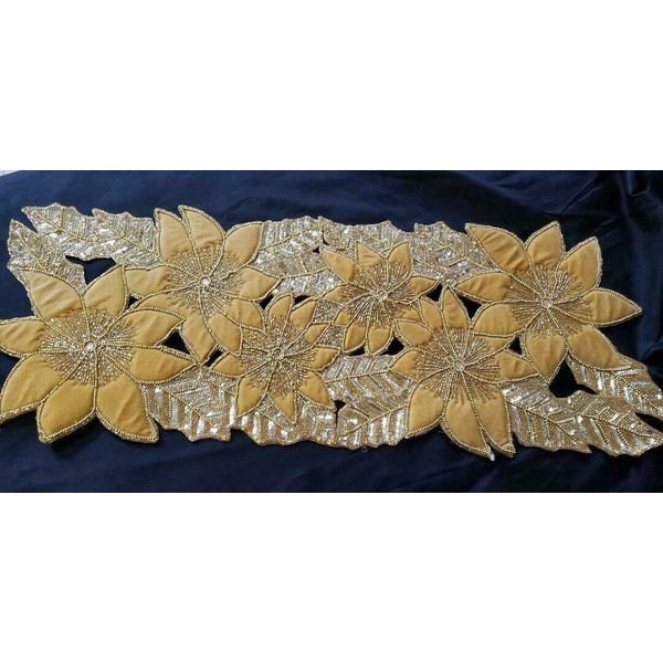 Tahari HOLIDAY Beaded Table Runner Gold Poinsettia Tahari 13 x