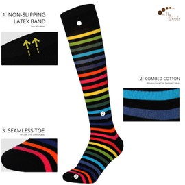 Mysocks Unisex Knee Stockings Long Socks Striped, Made of Extra Fine Combed Cotton, Seamless Toe, Soft Latex Band, New Dark Rainbow Thin