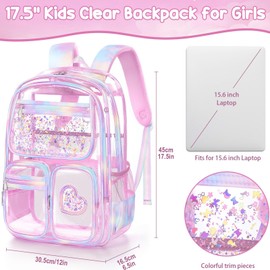Fimibuke Clear Backpack for Girls, Heavy Duty PVC Transparent Kids Backpack for Teen Girls, School Stadium Approved See Through Teens Kids Bookbag for Kindergarten Elementary Middle High School, Pink