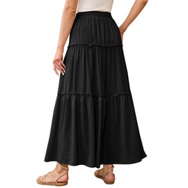 Genfien Skirt Women's Long Boho High Elastic Waist with Pockets and Belt Maxi Skirt Midi Casual Skirt Plain Skirt A-line Casual Summer Maxi Skirt, black, L