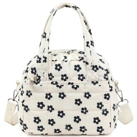 LEDAOU Lunch Box for Women Girls Lunch bag Quilted Puffer Lunch Box with Adjustable Strap Insulated Reusable LunchBox for Work School Picnic Travel (Black Little Flower)