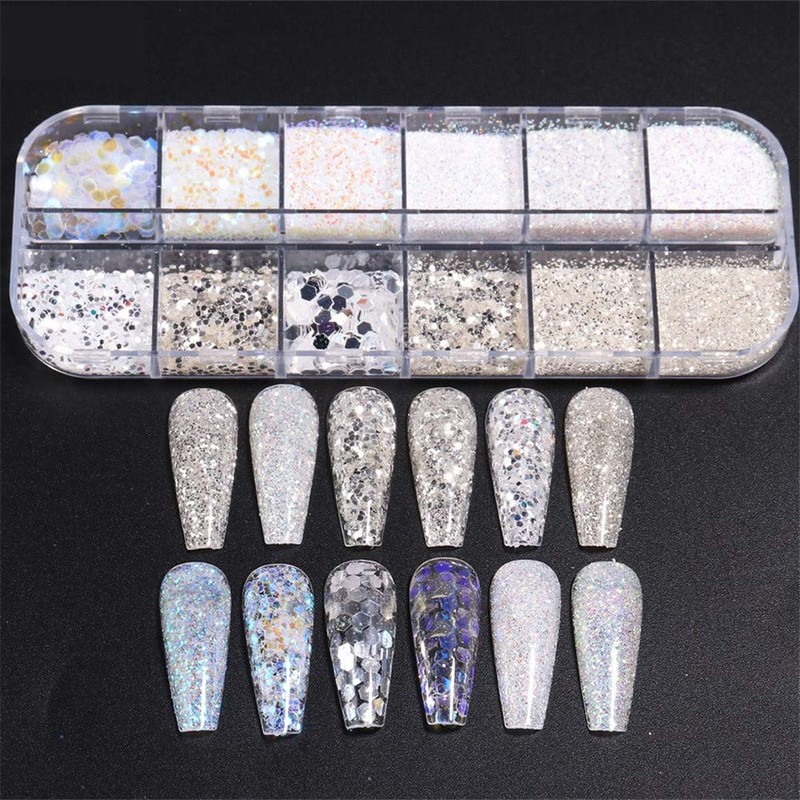 1 box 12 patterns silver holo glitter nail parts nail
