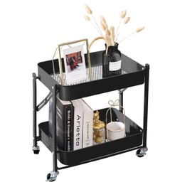 2-Tier Metal Folding Rolling Cart, Mobile Utility Cart Trolley Storage Organizer for Office Home Kitchen Organization, Sofa Side End Table with Wheels, Black