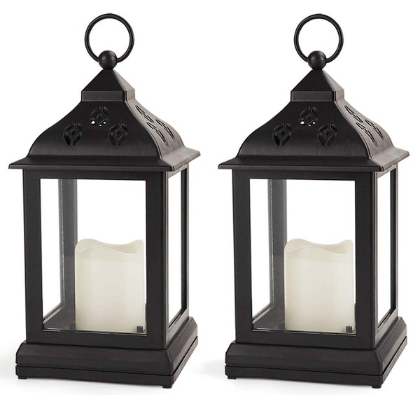 Bright Zeal 2-Pack 9.5" Vintage Decorative Candle Lantern with LED Flickering Flameless Candle (Black, 8hr Timer, Batteries Included) - Indoor Hanging Lantern LED - Decorative Lanterns Battery Powered