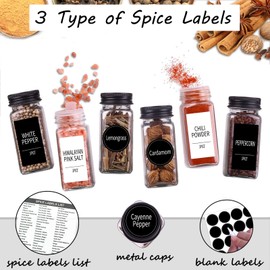 Churboro 48 Spice Jars with 547 Labels- Glass Spice Jars with Black Metal Caps, 4oz Empty Spice Containers with Shaker Lids, Funnel, Chalk Pen, Square Seasoning Bottles for Spice Rack, Drawer, Cabinet