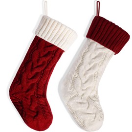 ALLYORS 19inch Knit Christmas Stocking, Knit Stockings Christmas Decoration Large Size Cable Knitted Stocking Gifts for Boys Girls Women - Red and White