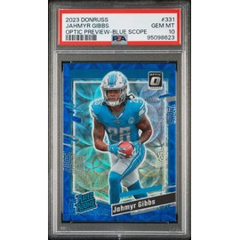 Graded 2023 Panini Donruss Jahmyr Gibbs #331 Optic Preview Blue Scope Rookie RC Football Card PSA 10 Gem Mint
