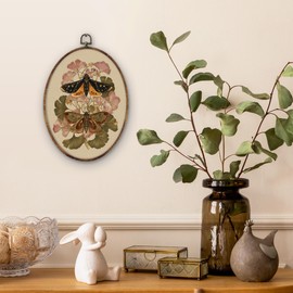 DILSJ Vintage Moth Floral Oval Wall Art Decor, Rustic Cottagecore Moth Canvas Wall Art Framed, Butterfly Botanical Flower Hanging Decorations for Home Bedroom Living Room Decor, 11x8.5 Inch