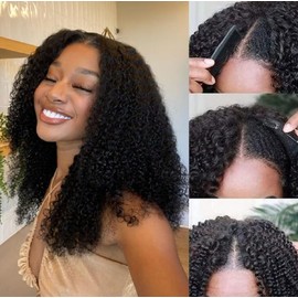 Afro Curly V Part Human Hair Wigs Glueless Wigs for Women V Part Wig Human Hair No Leave Out Kinky Curly Upgrade U Part Wigs 180% Density 24 Inch Natural Black Colour