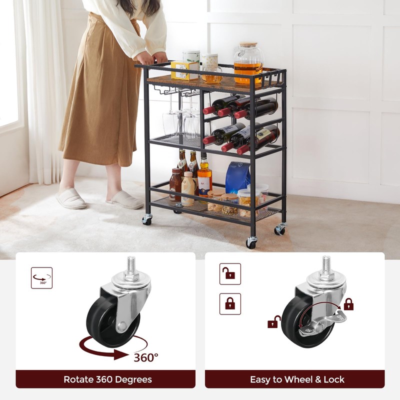 MAHANCRIS Bar Cart for Home, 3-Tier Serving Cart with Wheels