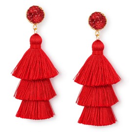 Me&Hz Red Tassel Earrings Layered Fringe Statement Dangle Drop Red Earrings for Women Dangling Red Christmas Earrings Large Holiday Earrings Costume Jewelry Valentines Day Gift