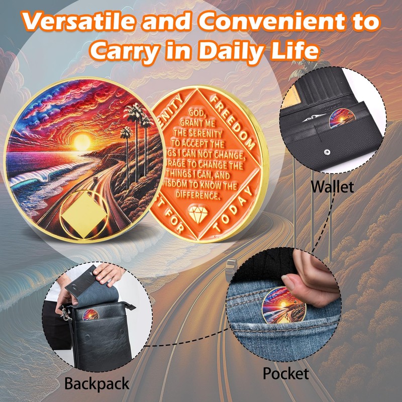 Leafence Sunset Beach Sobriety Coin Commemorative Coin Recovery Addiction NA