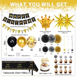 Black And Gold Birthday Decorations For Men, Happy Birthday Decorations, Gold Pentagram Swirl Decoration Hanging From Exploding Star Balloons, Black Banner For Aad Birthday Party Decorations