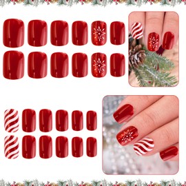 Christmas False Nails, 24Pcs Short Square Christmas Press on Nails Red Snowflake Full Cover Fake Nails with Glue Xmas Stick on Nails for Women Girls Holiday Nail Decoration A7TWXHMJ