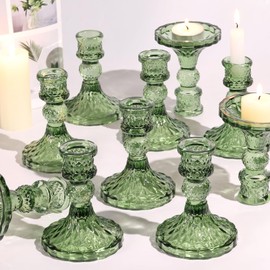 Simeitol Glass Candle Holder Set of 12, Green Taper Candle Holders Bulk, Vintage Candlestick Holders, Candle Stick Holder for Table Centerpieces, Wedding, Festival & Home Decor