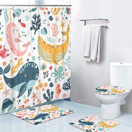 Ansouyi 4Pcs Bathroom Shower Curtain Sets with Non-Slip Rugs, Toilet Lid Cover and Bath Mat, Cute Cartoon Dolphin Whale Durable Waterproof Shower Curtain for Bathroom Set with 12 Hooks