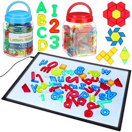Kanayu Adjustable Brightness LED Light Panel 18" Classroom Light Table with 245 Translucent Pattern Blocks Letters Board Numbers for Sensory Play Creative Exploration Kids Home Learning Counting