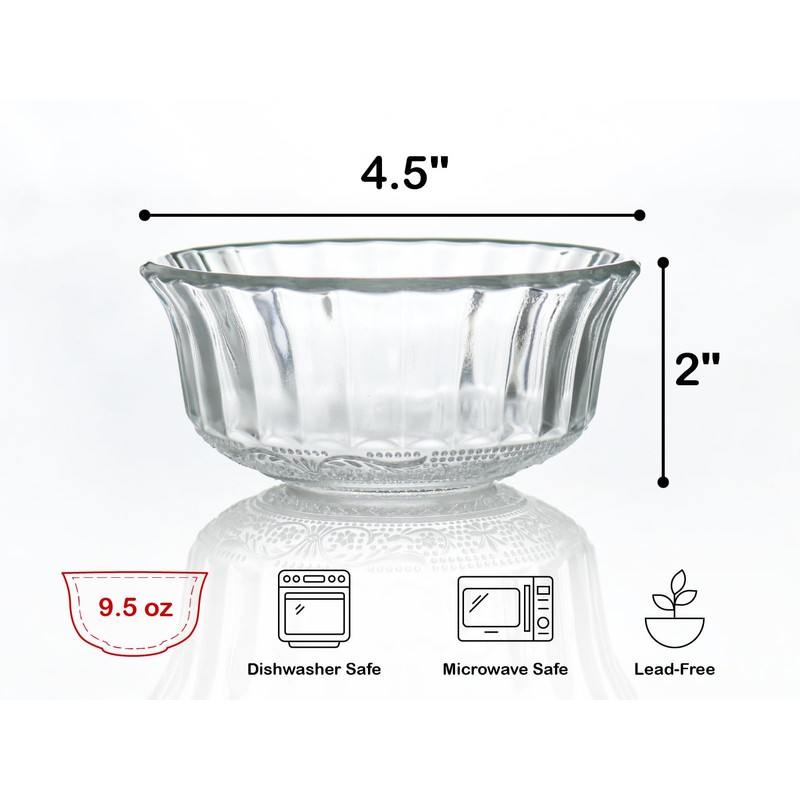 HillSpring Small Glass Bowls for Dessert, Snack, Fruit, or Nuts,