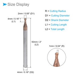CoCud Ball Nose End Mill 1mm Radius 4mm Shank 50mm Length AlTiN Plated M30 Tungsten Carbide 2 Flute Milling Cutter Bits (Application: Stainless Steel, Hardened Steel)