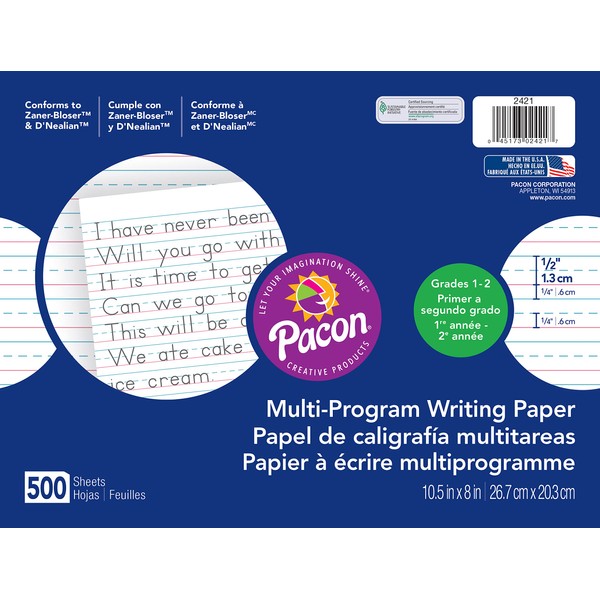 Pacon Multi-Program Handwriting Paper, D'Nealian Grade 1/Zaner-Bloser Grade 2, 1/2" x 1/4" x 1/4" Ruled 10-1/2" x 8", Ruled Long, 500 Sheets