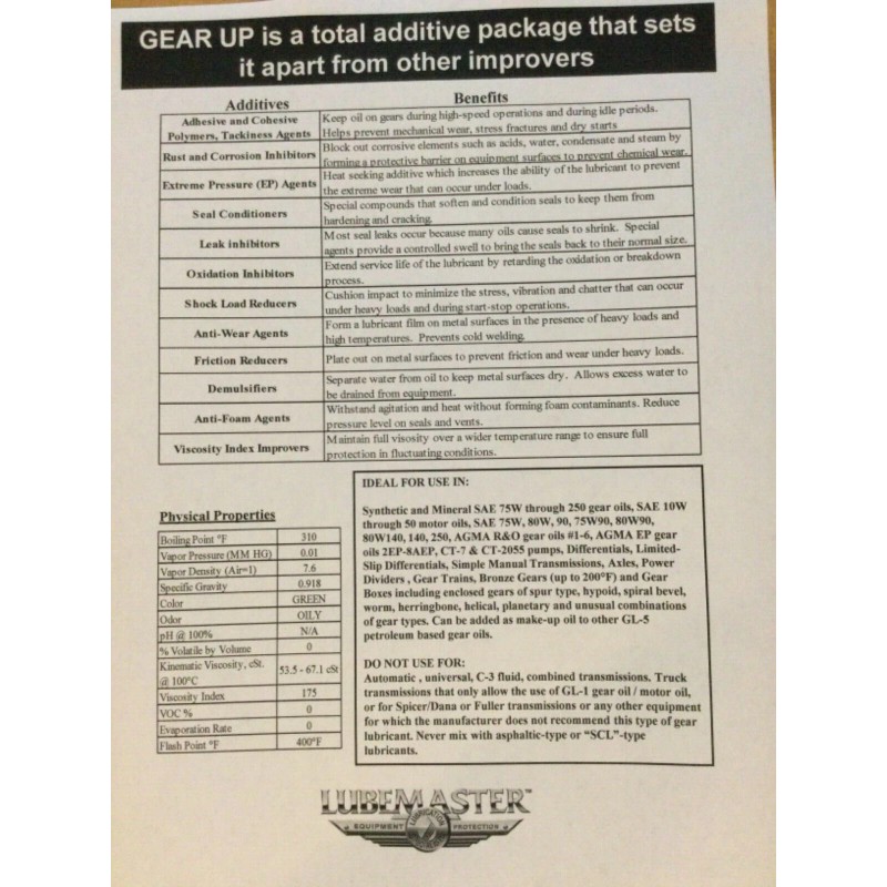 LubeMaster Gear-Up Plus Premium Gear and Bearing Oil Improver