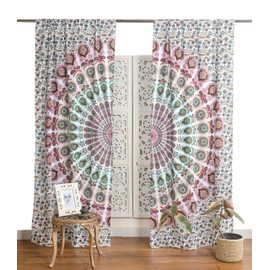Popular Handicrafts Indian Hippie Bohemian Beautiful Peacock Mandala Curtain Panels White Multicolor