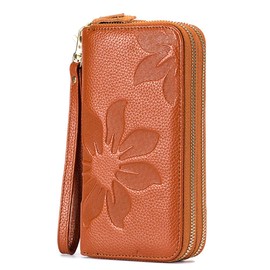 RFID Blocking Women’s Leather Wallet, Double Zipper Smartphone Pocket, Embossed Flower with Credit Card Holder, Cash Slots Large Capacity Clutch Wristlet (Brown)