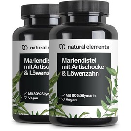 natural elements Milk Thistle Artichoke Dandelion Complex (Set of 2) - 2 x 120 Capsules - High Dose with 80% Silymarin - No Magnesium Stearate, Vegan and Made in Germany