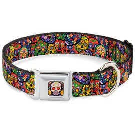 Buckle-Down Collar de Perro con Hebilla para cinturón de Seguridad, Calaveras Coloridas apiladas, Multicolor, 15 a 26 Pulgadas, 1.0 Pulgadas de Ancho